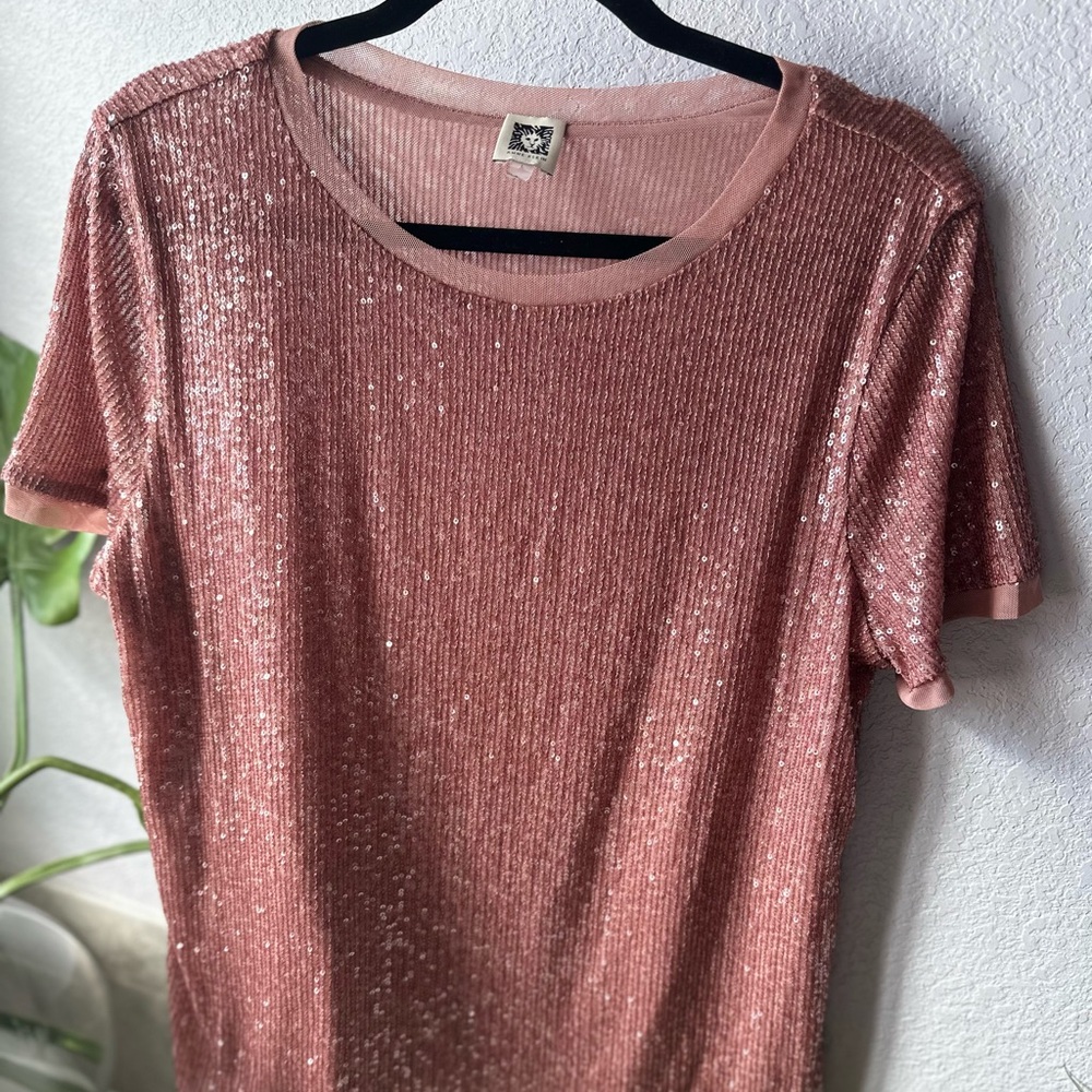 Anne Klein Millennial Pink Sequined top EUC Sz L
